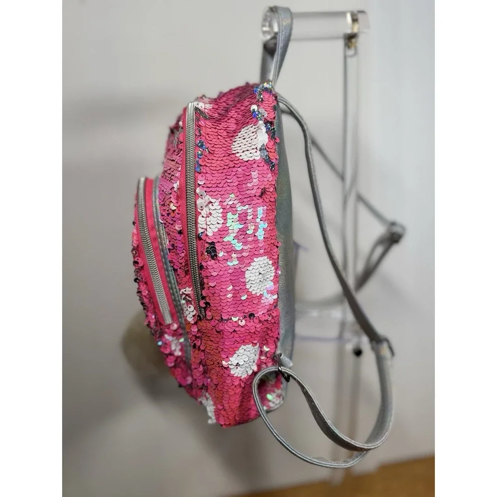 Justice Backpack Pink Sequined With‎ Fob EUC